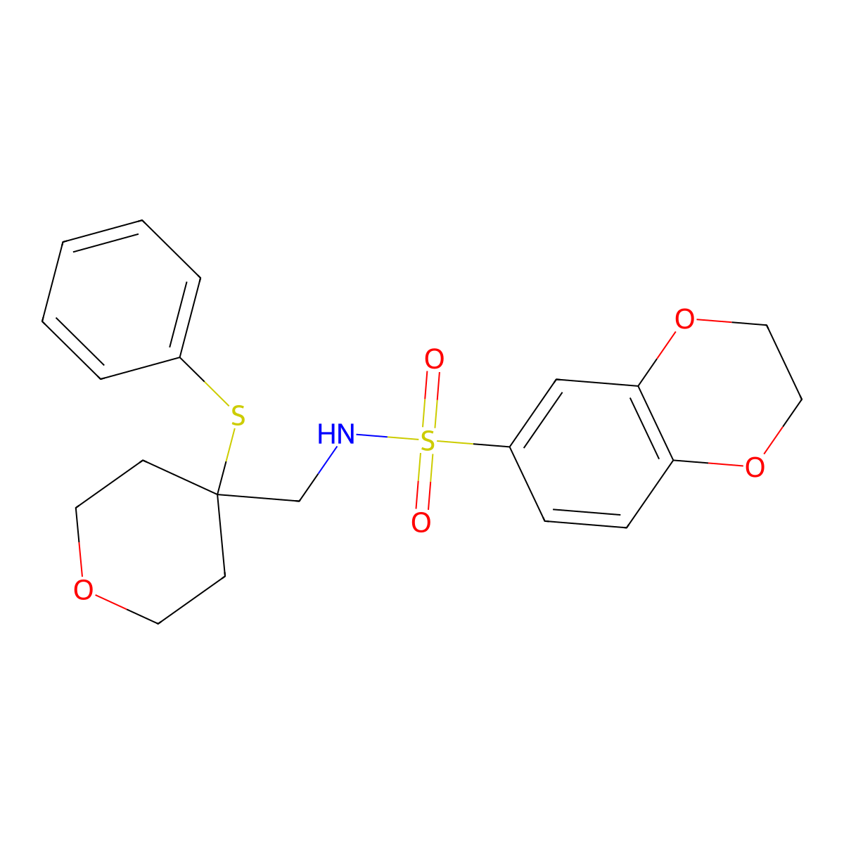 N-((4-(phenylthio)tetrahydro-2H-pyran-4-yl)methyl)-2,3-dihydrobenzo[b][1,4]dioxine-6-sulfonamide molecular structure, CAS 1798015-57-2
