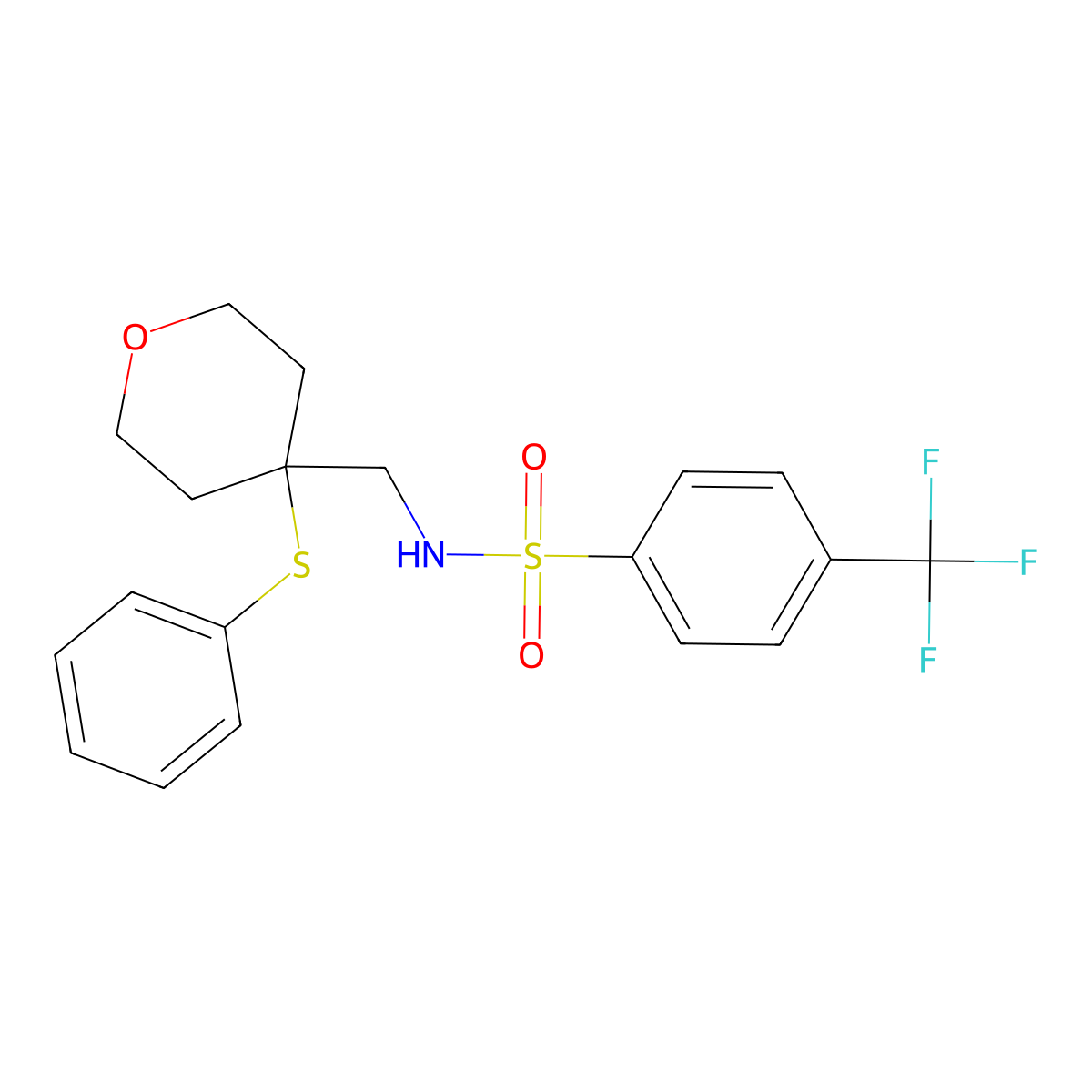 N-((4-(phenylthio)tetrahydro-2H-pyran-4-yl)methyl)-4-(trifluoromethyl)benzenesulfonamide molecular structure, CAS 1798015-65-2