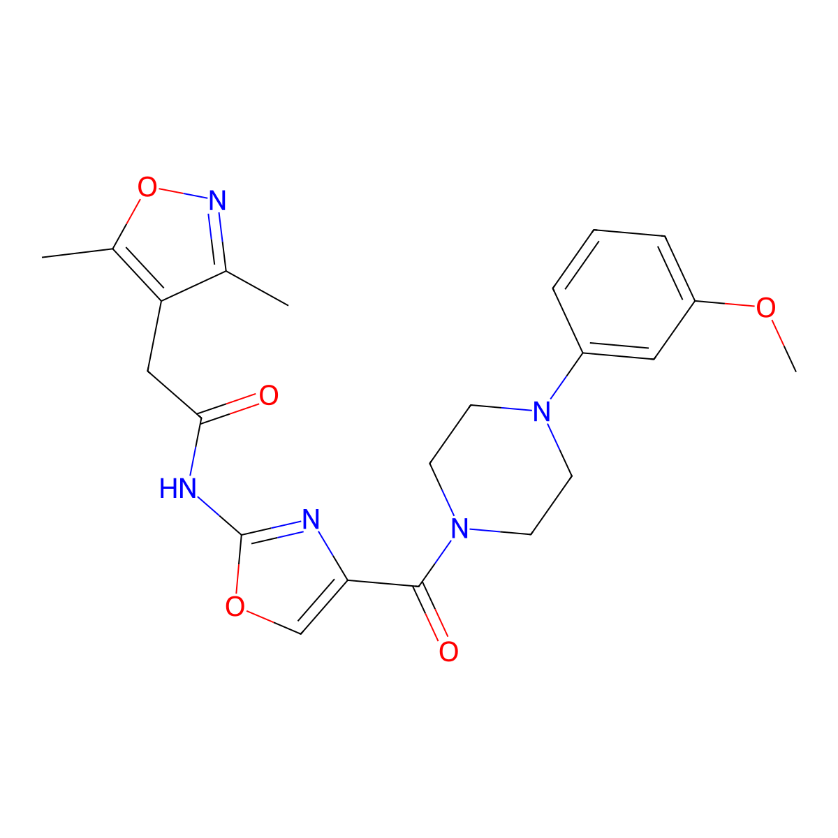 2-(3,5-dimethylisoxazol-4-yl)-N-(4-(4-(3-methoxyphenyl)piperazine-1-carbonyl)oxazol-2-yl)acetamide molecular structure, CAS 1798016-38-2