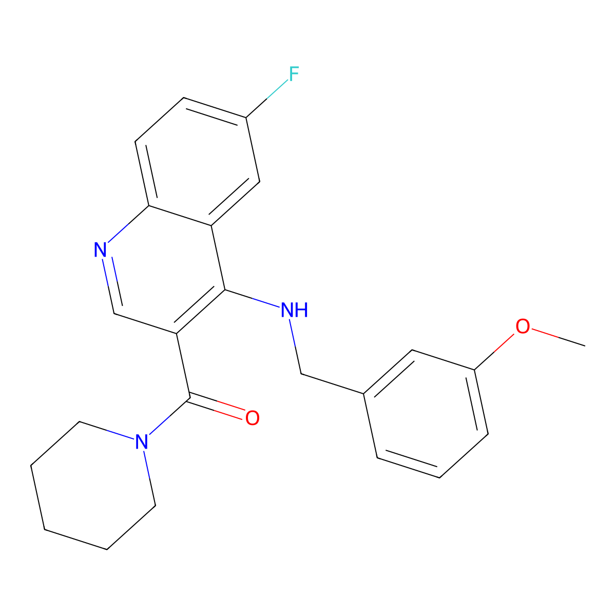 (6-Fluoro-4-((3-methoxybenzyl)amino)quinolin-3-yl)(piperidin-1-yl)methanone molecular structure, CAS 1798017-15-8