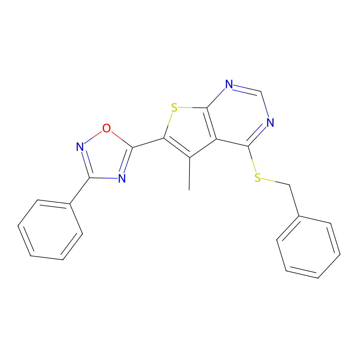 5-[4-(Benzylsulfanyl)-5-methylthieno[2,3-D]pyrimidin-6-YL]-3-phenyl-1,2,4-oxadiazole molecular structure, CAS 1798017-97-6