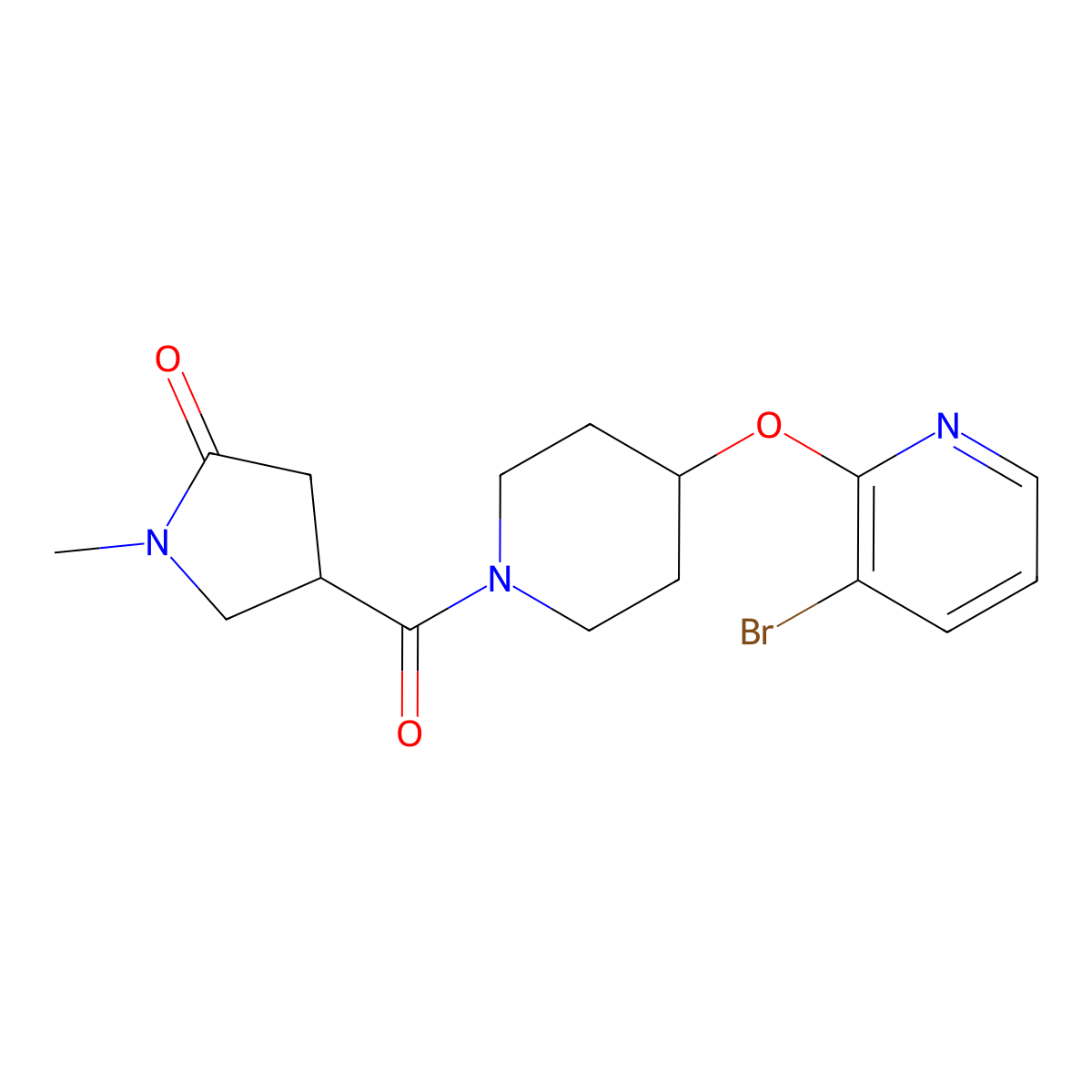 4-(4-((3-Bromopyridin-2-yl)oxy)piperidine-1-carbonyl)-1-methylpyrrolidin-2-one molecular structure, CAS 1798018-03-7