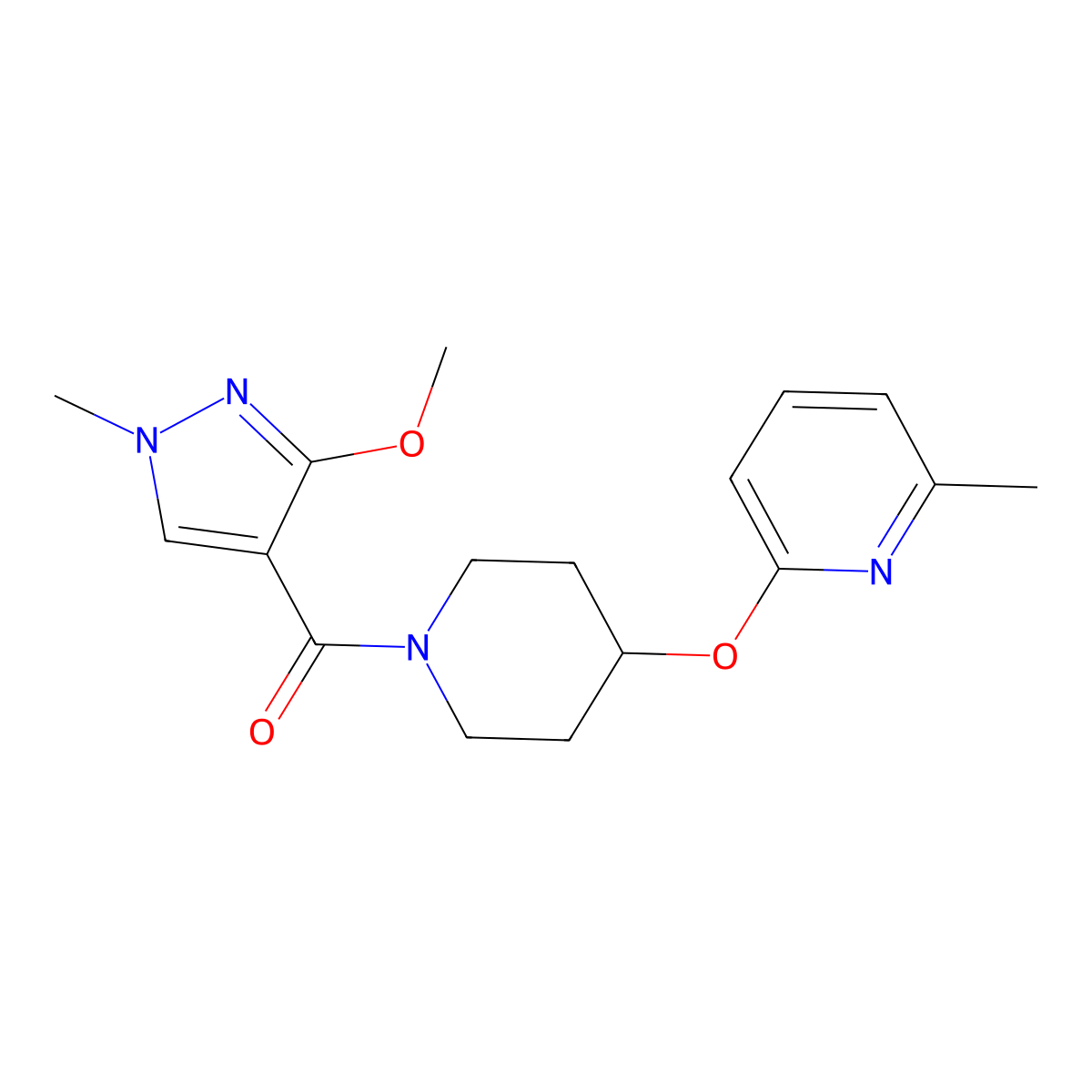 (3-methoxy-1-methyl-1H-pyrazol-4-yl)(4-((6-methylpyridin-2-yl)oxy)piperidin-1-yl)methanone molecular structure, CAS 1798018-15-1