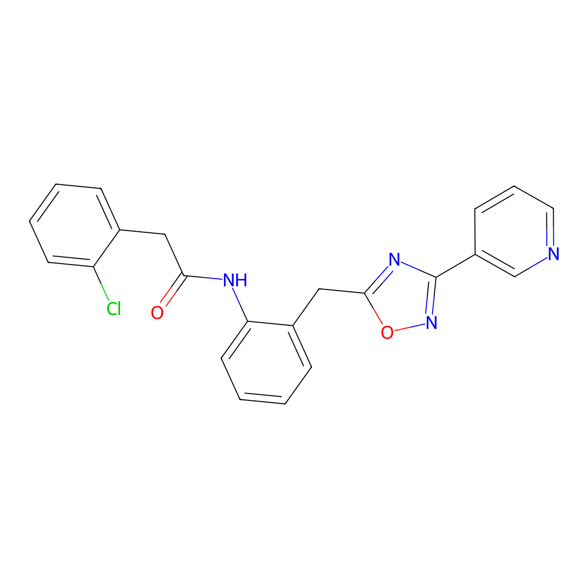 2-(2-chlorophenyl)-N-(2-((3-(pyridin-3-yl)-1,2,4-oxadiazol-5-yl)methyl)phenyl)acetamide molecular structure, CAS 1798018-40-2