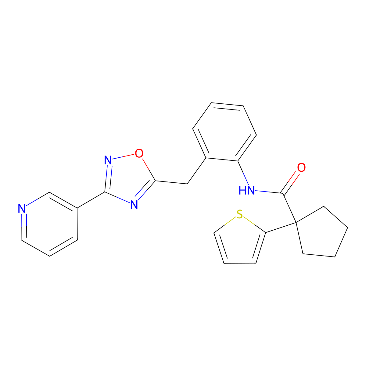 N-(2-((3-(pyridin-3-yl)-1,2,4-oxadiazol-5-yl)methyl)phenyl)-1-(thiophen-2-yl)cyclopentanecarboxamide molecular structure, CAS 1798018-49-1