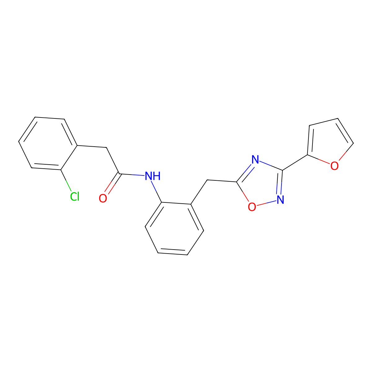 2-(2-chlorophenyl)-N-(2-((3-(furan-2-yl)-1,2,4-oxadiazol-5-yl)methyl)phenyl)acetamide molecular structure, CAS 1798018-88-8