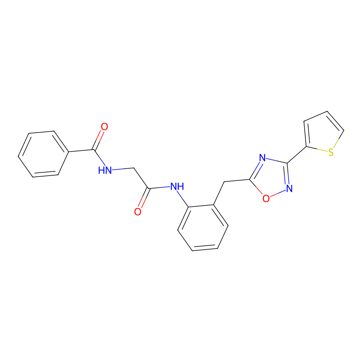 N-(2-oxo-2-((2-((3-(thiophen-2-yl)-1,2,4-oxadiazol-5-yl)methyl)phenyl)amino)ethyl)benzamide molecular structure, CAS 1798018-95-7