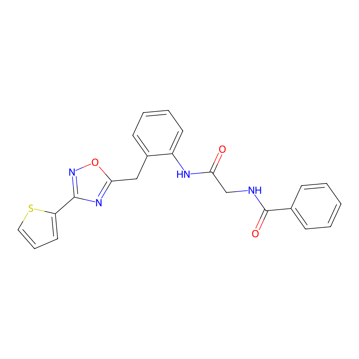 N-(2-oxo-2-((2-((3-(thiophen-2-yl)-1,2,4-oxadiazol-5-yl)methyl)phenyl)amino)ethyl)benzamide molecular structure, CAS 1798018-95-7
