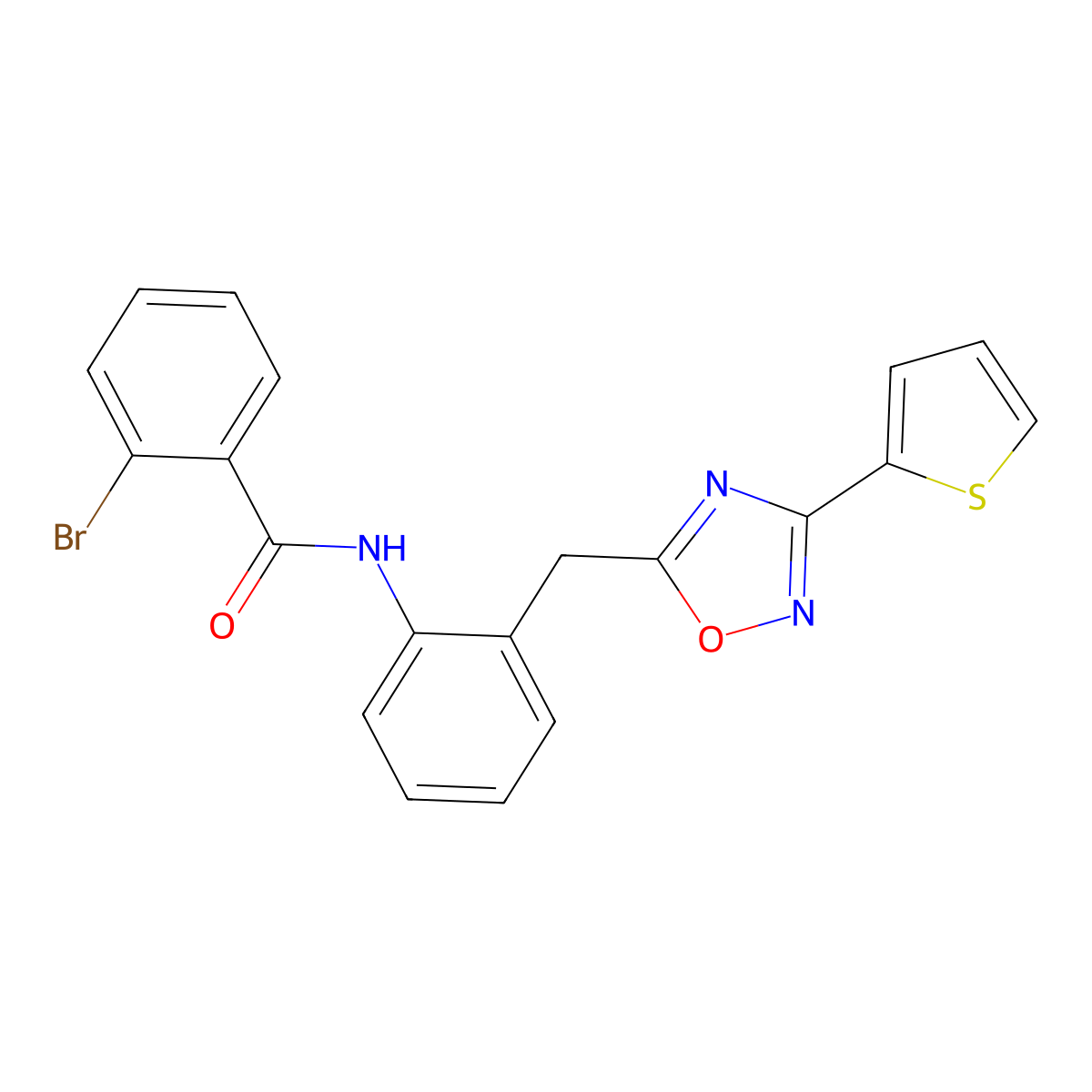2-Bromo-N-(2-{[3-(thiophen-2-YL)-1,2,4-oxadiazol-5-YL]methyl}phenyl)benzamide molecular structure, CAS 1798018-96-8
