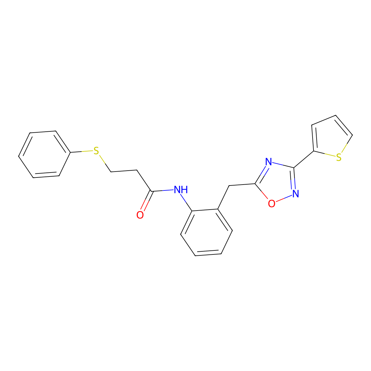 3-(phenylthio)-N-(2-((3-(thiophen-2-yl)-1,2,4-oxadiazol-5-yl)methyl)phenyl)propanamide molecular structure, CAS 1798019-04-1