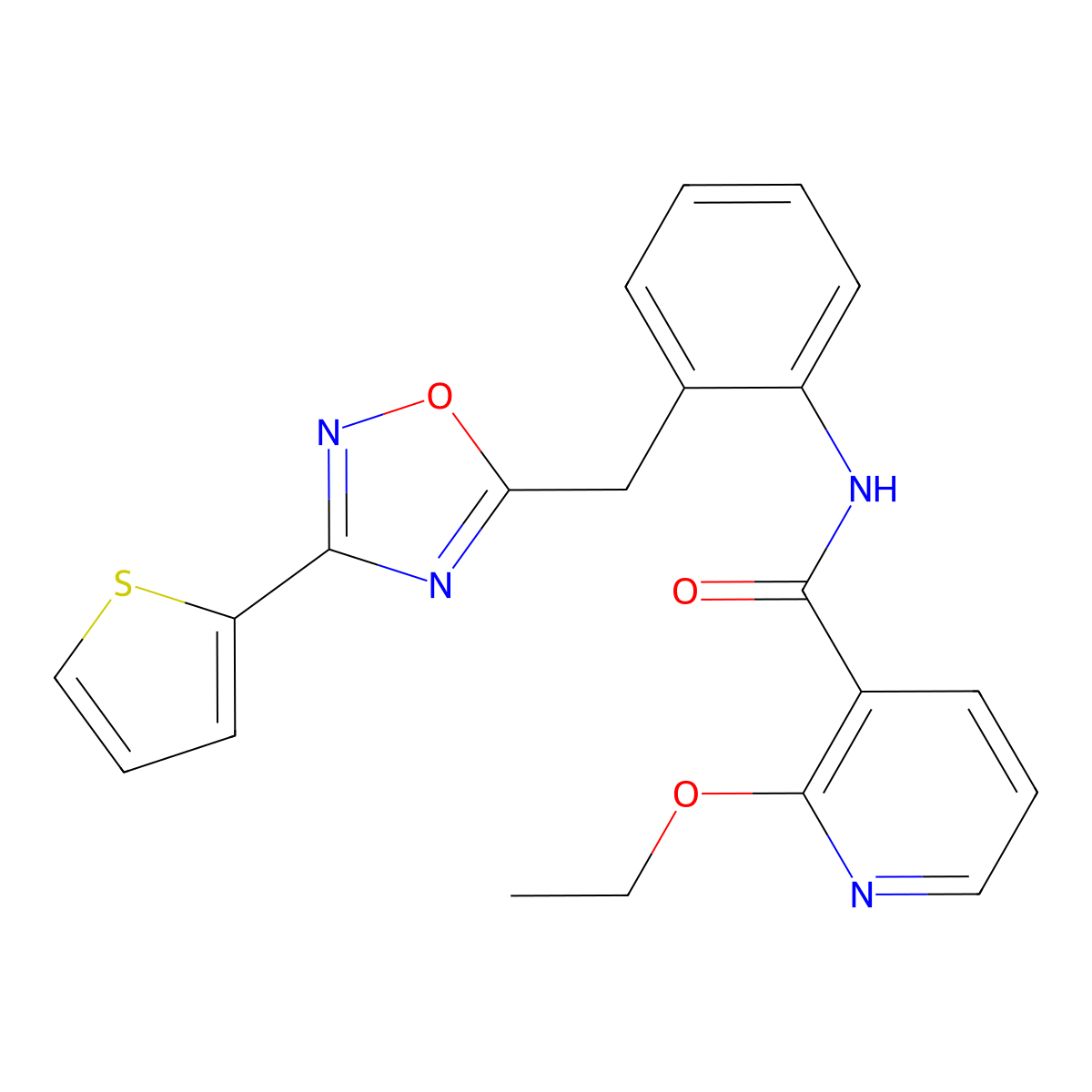 2-ethoxy-N-(2-((3-(thiophen-2-yl)-1,2,4-oxadiazol-5-yl)methyl)phenyl)nicotinamide molecular structure, CAS 1798019-22-3
