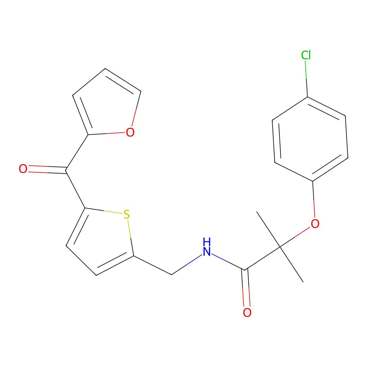 2-(4-chlorophenoxy)-N-((5-(furan-2-carbonyl)thiophen-2-yl)methyl)-2-methylpropanamide molecular structure, CAS 1798022-15-7
