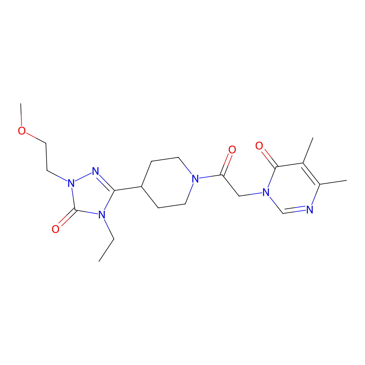 3-(2-(4-(4-ethyl-1-(2-methoxyethyl)-5-oxo-4,5-dihydro-1H-1,2,4-triazol-3-yl)piperidin-1-yl)-2-oxoethyl)-5,6-dimethylpyrimidin-4(3H)-one molecular structure, CAS 1798023-17-2