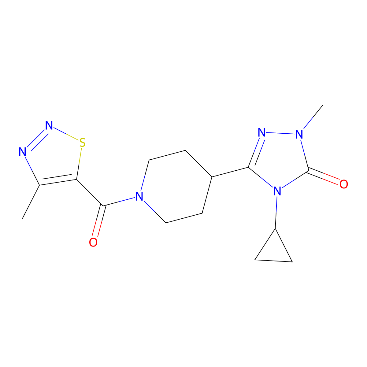 4-cyclopropyl-1-methyl-3-(1-(4-methyl-1,2,3-thiadiazole-5-carbonyl)piperidin-4-yl)-1H-1,2,4-triazol-5(4H)-one molecular structure, CAS 1798023-41-2