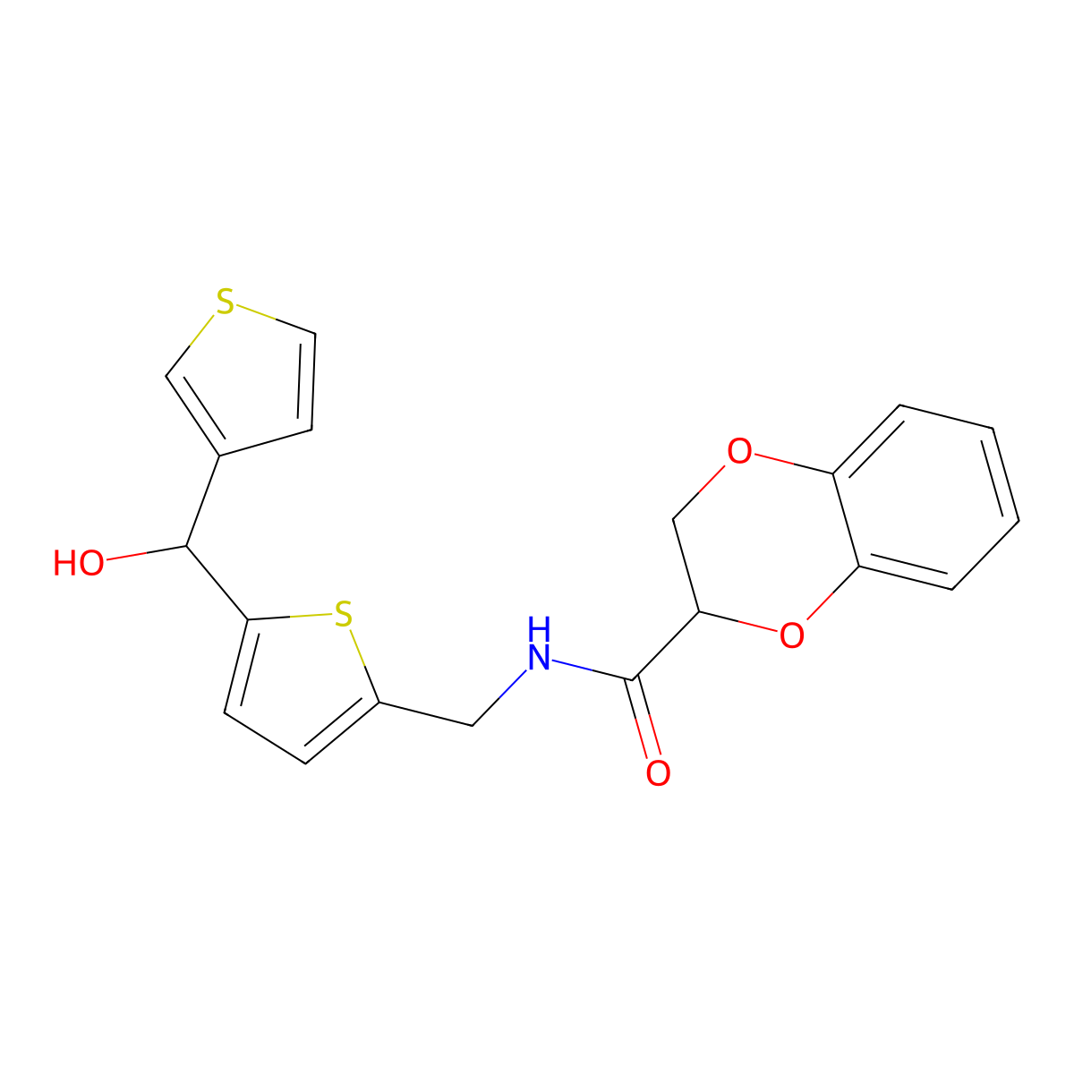 N-((5-(hydroxy(thiophen-3-yl)methyl)thiophen-2-yl)methyl)-2,3-dihydrobenzo[b][1,4]dioxine-2-carboxamide molecular structure, CAS 1798024-17-5