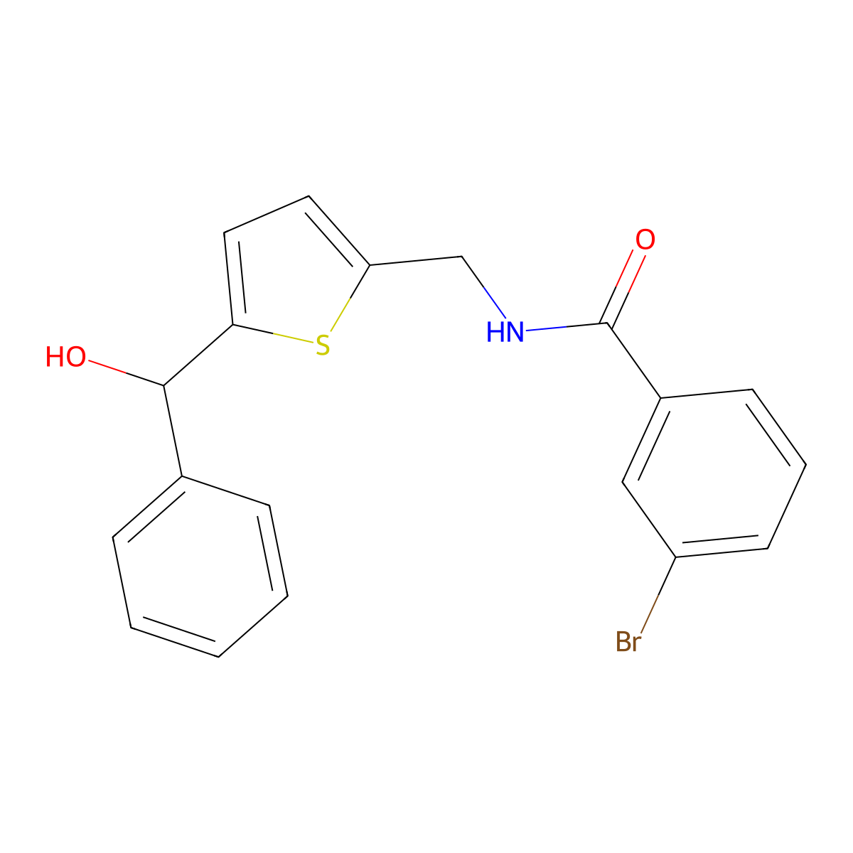 3-bromo-N-((5-(hydroxy(phenyl)methyl)thiophen-2-yl)methyl)benzamide molecular structure, CAS 1798024-33-5
