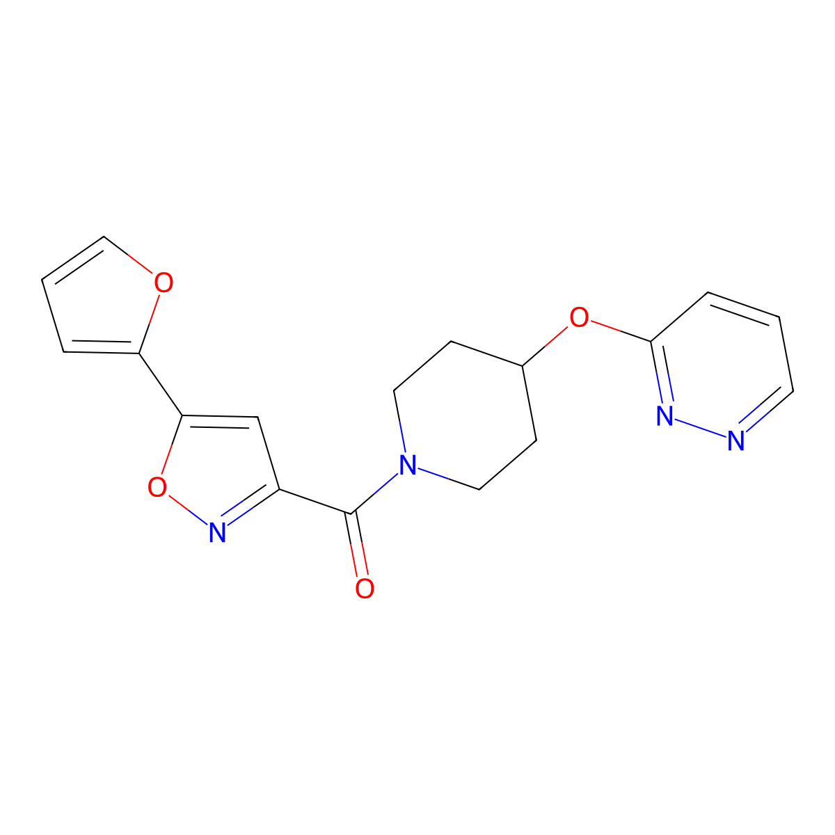 (5-(Furan-2-yl)isoxazol-3-yl)(4-(pyridazin-3-yloxy)piperidin-1-yl)methanone molecular structure, CAS 1798024-43-7