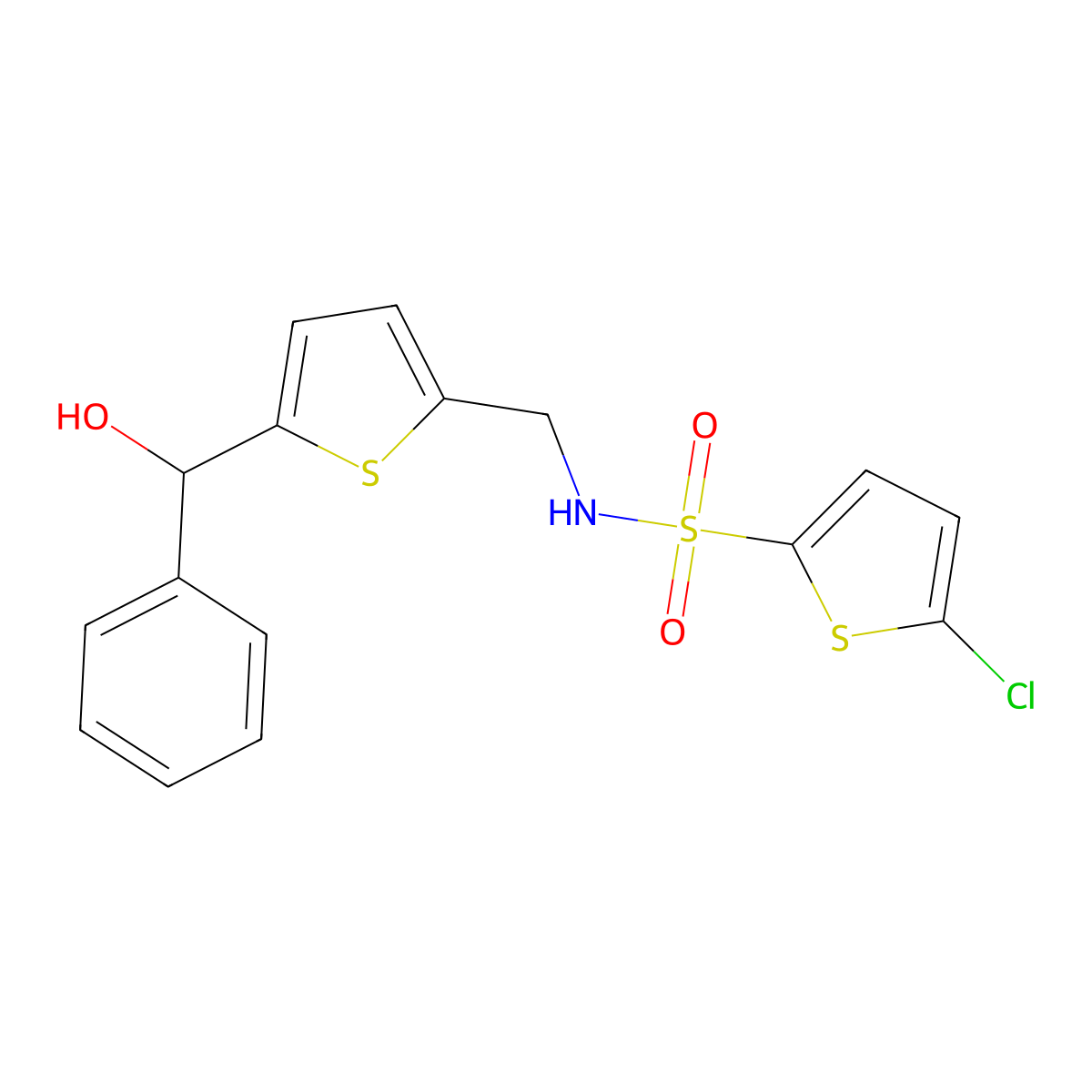 5-chloro-N-((5-(hydroxy(phenyl)methyl)thiophen-2-yl)methyl)thiophene-2-sulfonamide molecular structure, CAS 1798024-46-0