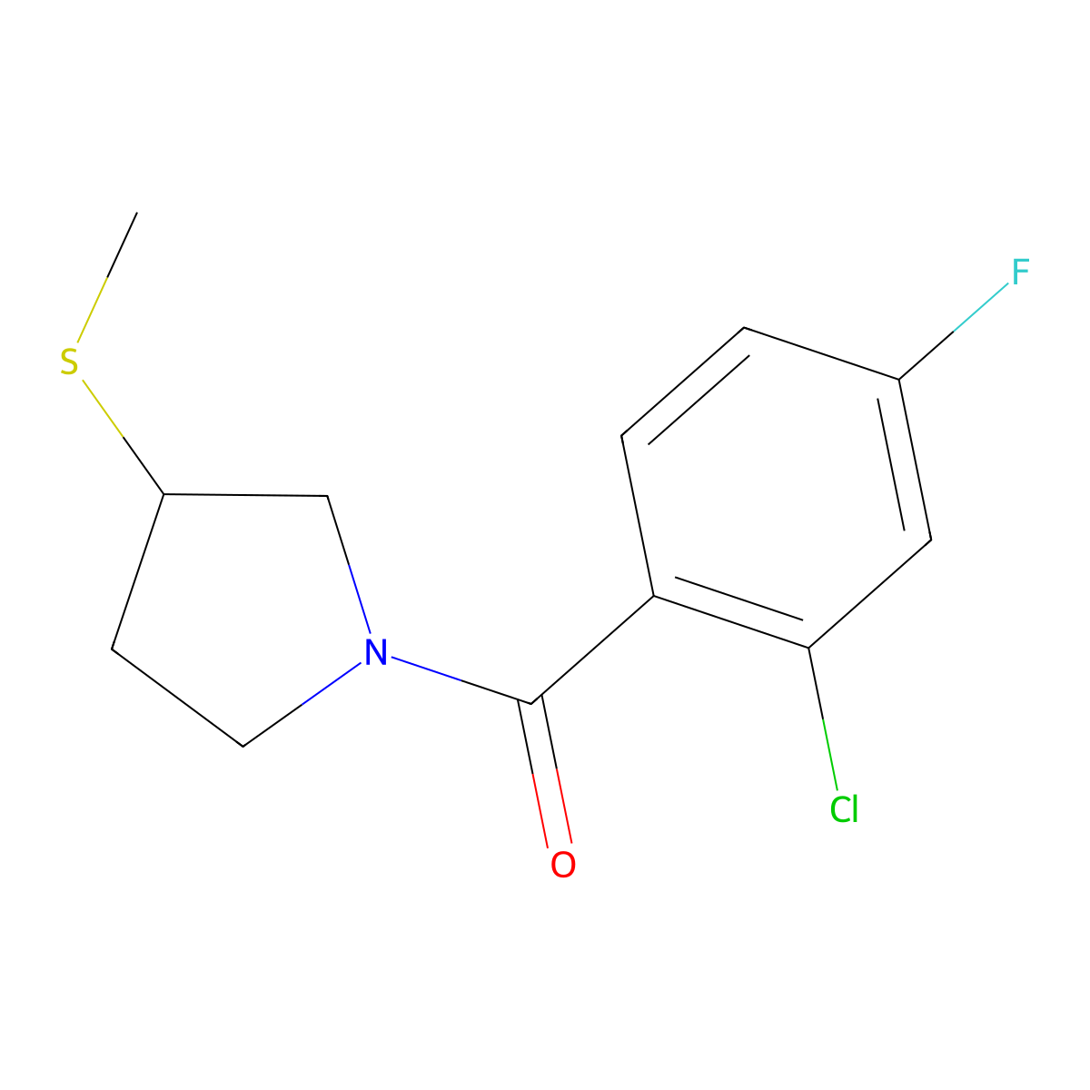 (2-Chloro-4-fluorophenyl)(3-(methylthio)pyrrolidin-1-yl)methanone molecular structure, CAS 1798025-25-8