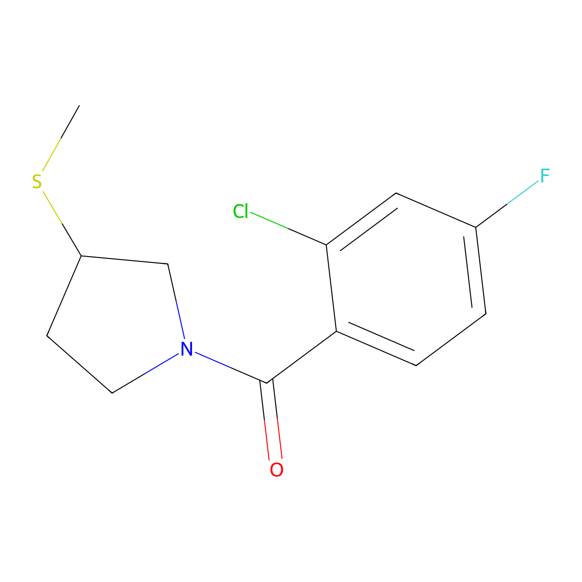 (2-Chloro-4-fluorophenyl)(3-(methylthio)pyrrolidin-1-yl)methanone molecular structure, CAS 1798025-25-8