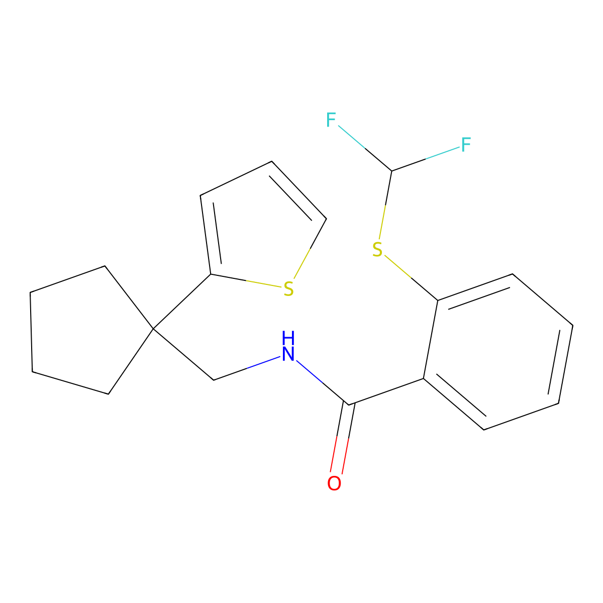 2-((difluoromethyl)thio)-N-((1-(thiophen-2-yl)cyclopentyl)methyl)benzamide molecular structure, CAS 1798027-44-7