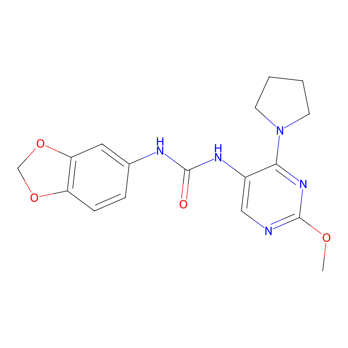 1-(Benzo[d][1,3]dioxol-5-yl)-3-(2-methoxy-4-(pyrrolidin-1-yl)pyrimidin-5-yl)urea molecular structure, CAS 1798027-66-3
