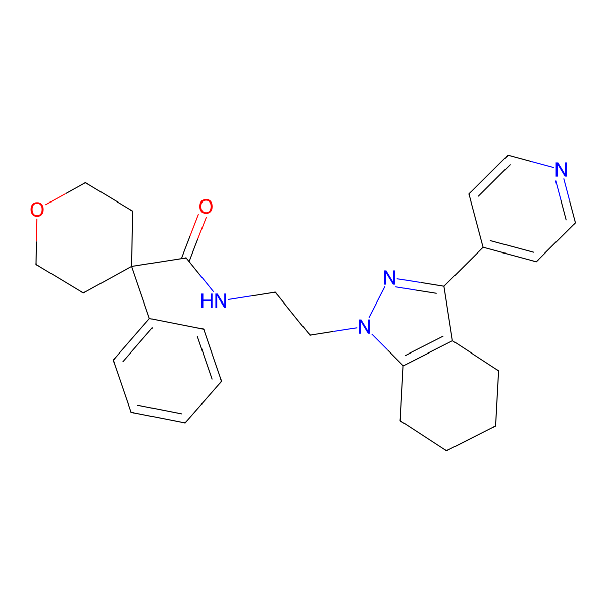 4-phenyl-N-(2-(3-(pyridin-4-yl)-4,5,6,7-tetrahydro-1H-indazol-1-yl)ethyl)tetrahydro-2H-pyran-4-carboxamide molecular structure, CAS 1798027-84-5