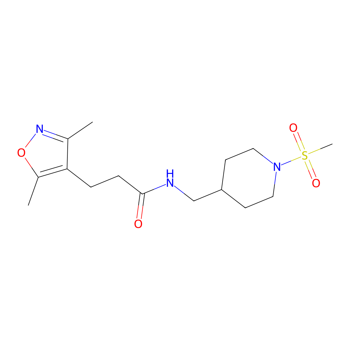 3-(3,5-dimethylisoxazol-4-yl)-N-((1-(methylsulfonyl)piperidin-4-yl)methyl)propanamide molecular structure, CAS 1798028-13-3