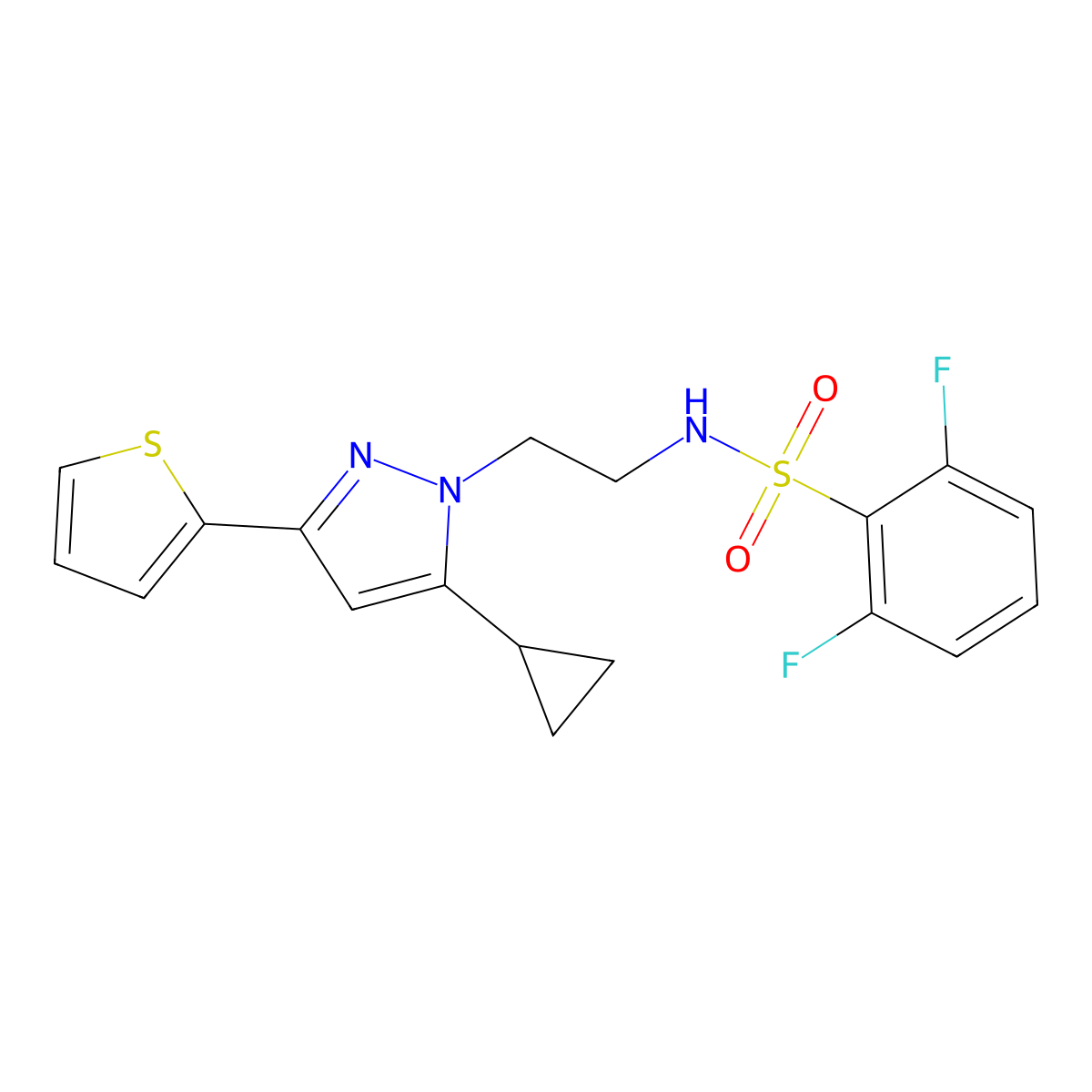 N-(2-(5-cyclopropyl-3-(thiophen-2-yl)-1H-pyrazol-1-yl)ethyl)-2,6-difluorobenzenesulfonamide molecular structure, CAS 1798028-20-2