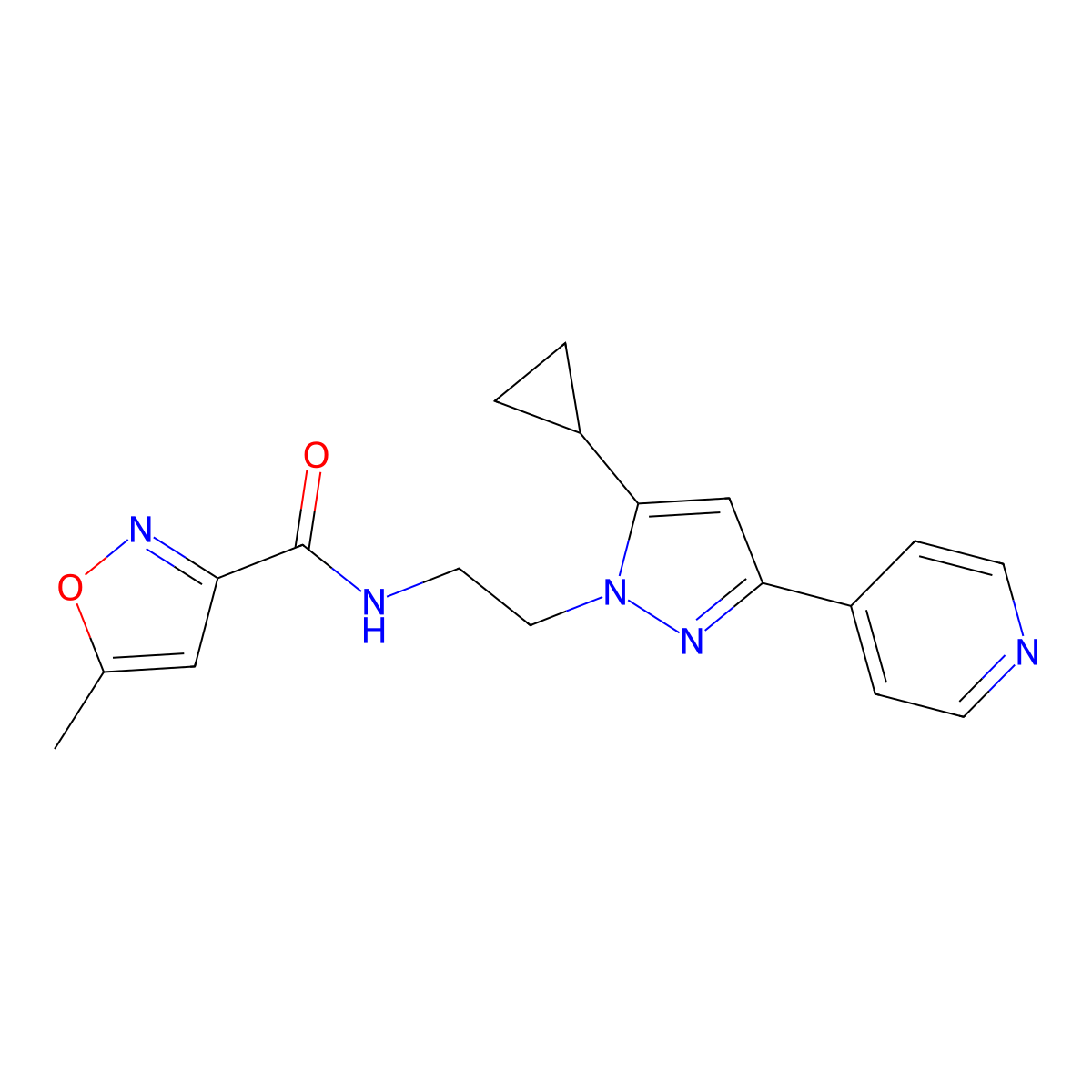N-(2-(5-cyclopropyl-3-(pyridin-4-yl)-1H-pyrazol-1-yl)ethyl)-5-methylisoxazole-3-carboxamide molecular structure, CAS 1798028-24-6