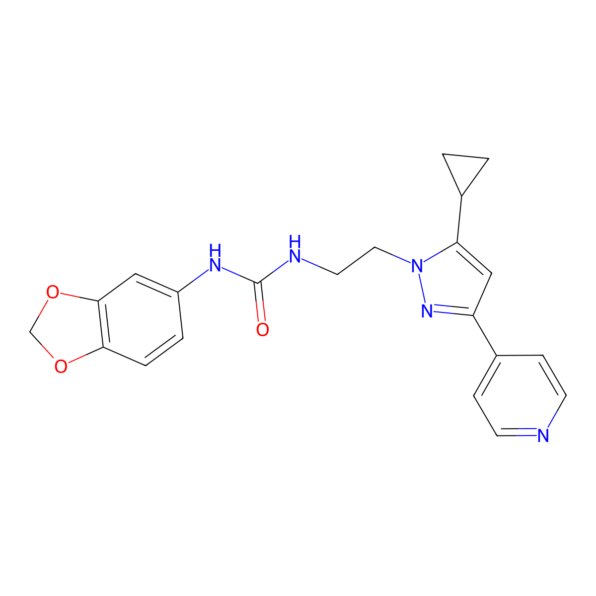 1-(benzo[d][1,3]dioxol-5-yl)-3-(2-(5-cyclopropyl-3-(pyridin-4-yl)-1H-pyrazol-1-yl)ethyl)urea molecular structure, CAS 1798028-28-0