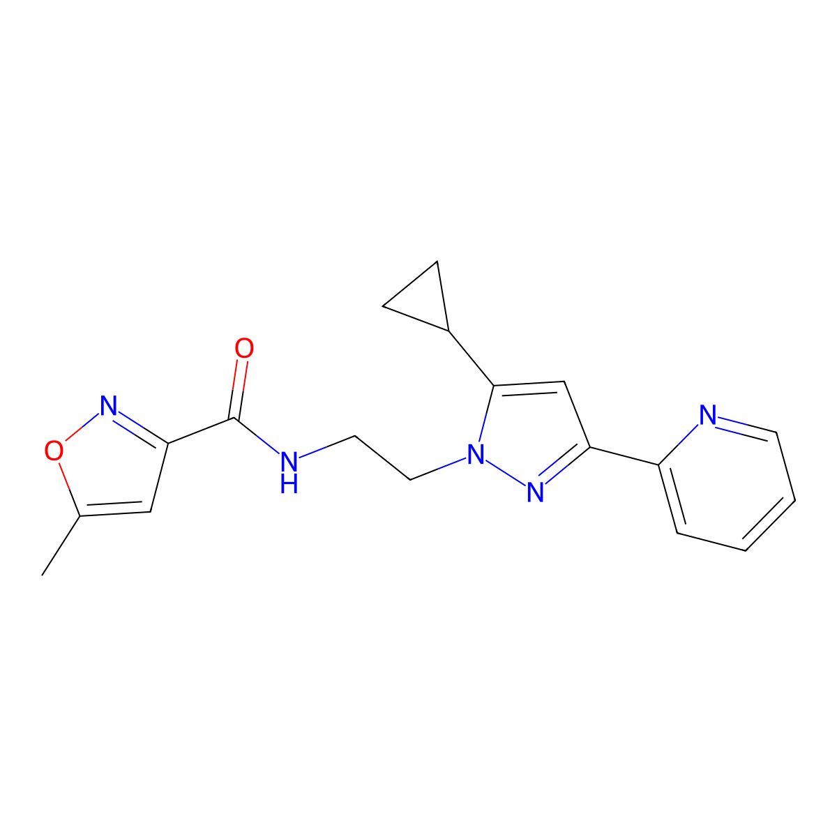 N-(2-(5-cyclopropyl-3-(pyridin-2-yl)-1H-pyrazol-1-yl)ethyl)-5-methylisoxazole-3-carboxamide molecular structure, CAS 1798028-32-6