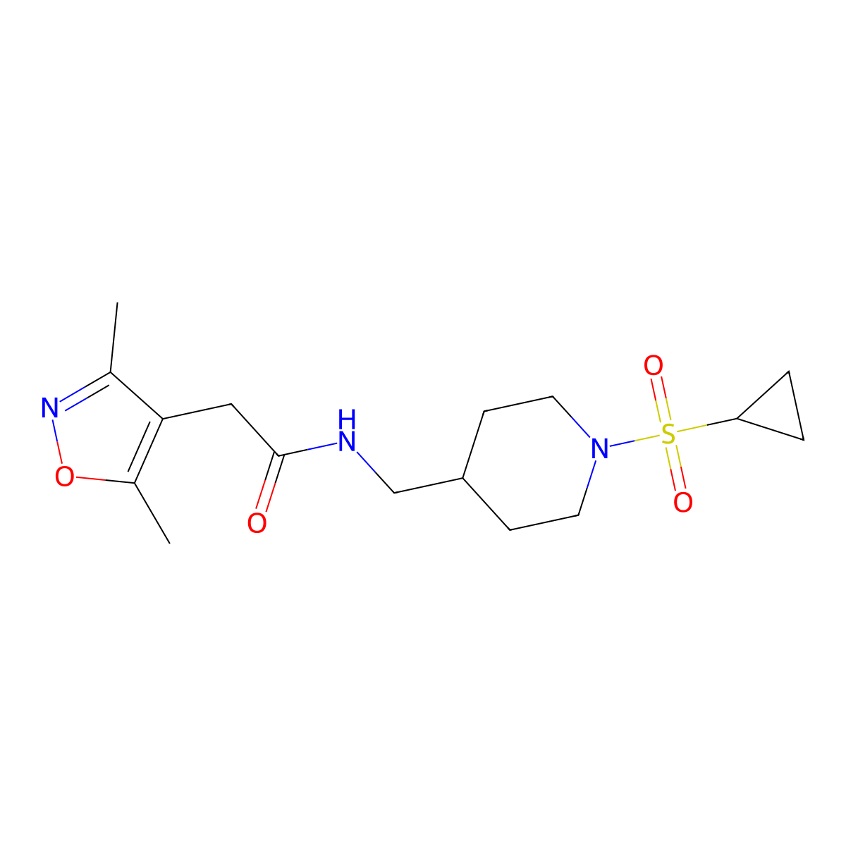 N-((1-(cyclopropylsulfonyl)piperidin-4-yl)methyl)-2-(3,5-dimethylisoxazol-4-yl)acetamide molecular structure, CAS 1798028-34-8