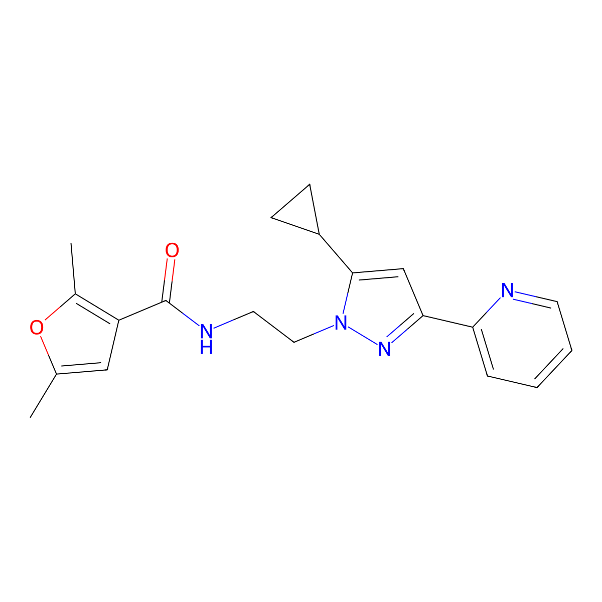 N-{2-[5-cyclopropyl-3-(pyridin-2-yl)-1H-pyrazol-1-yl]ethyl}-2,5-dimethylfuran-3-carboxamide molecular structure, CAS 1798028-38-2