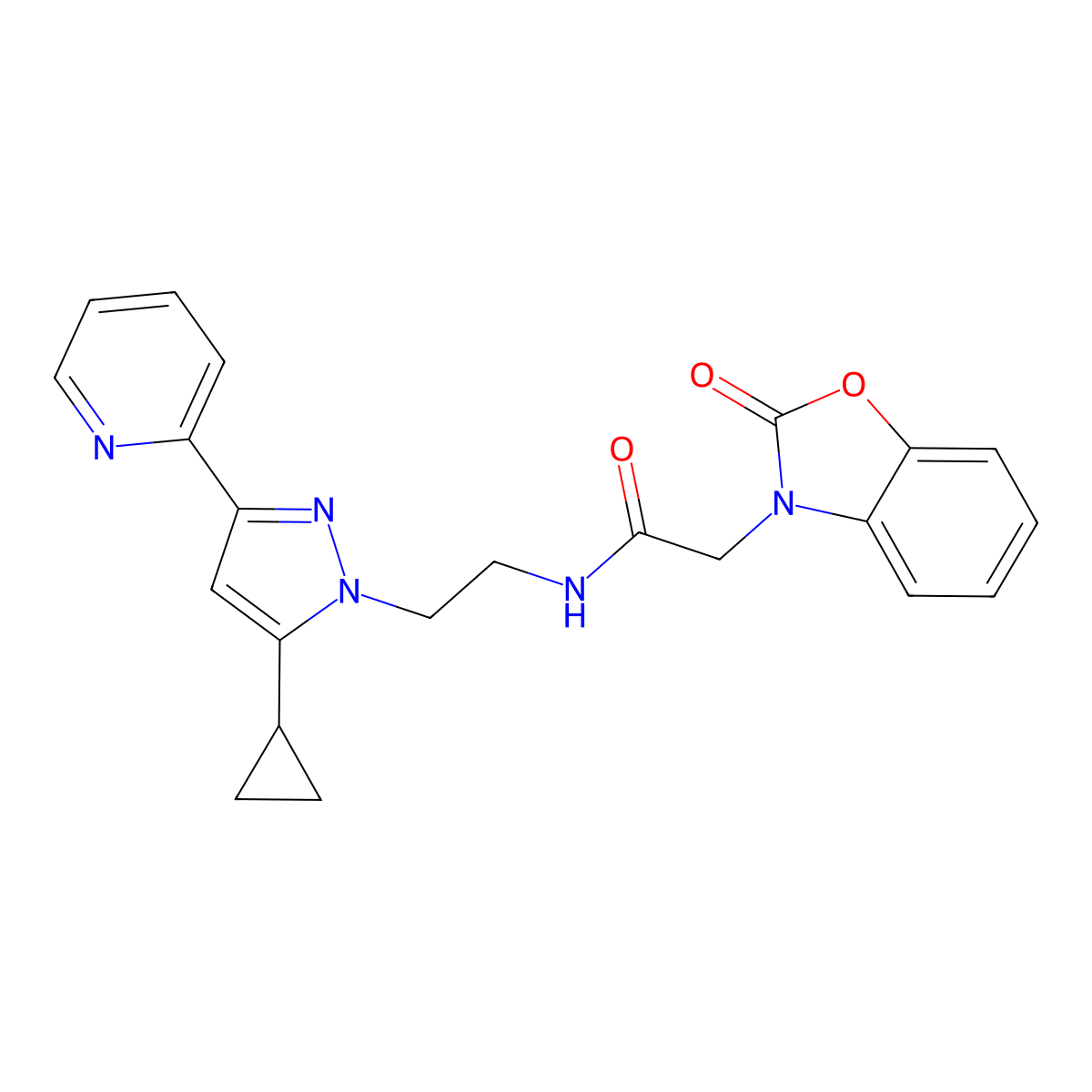 N-(2-(5-cyclopropyl-3-(pyridin-2-yl)-1H-pyrazol-1-yl)ethyl)-2-(2-oxobenzo[d]oxazol-3(2H)-yl)acetamide molecular structure, CAS 1798028-47-3