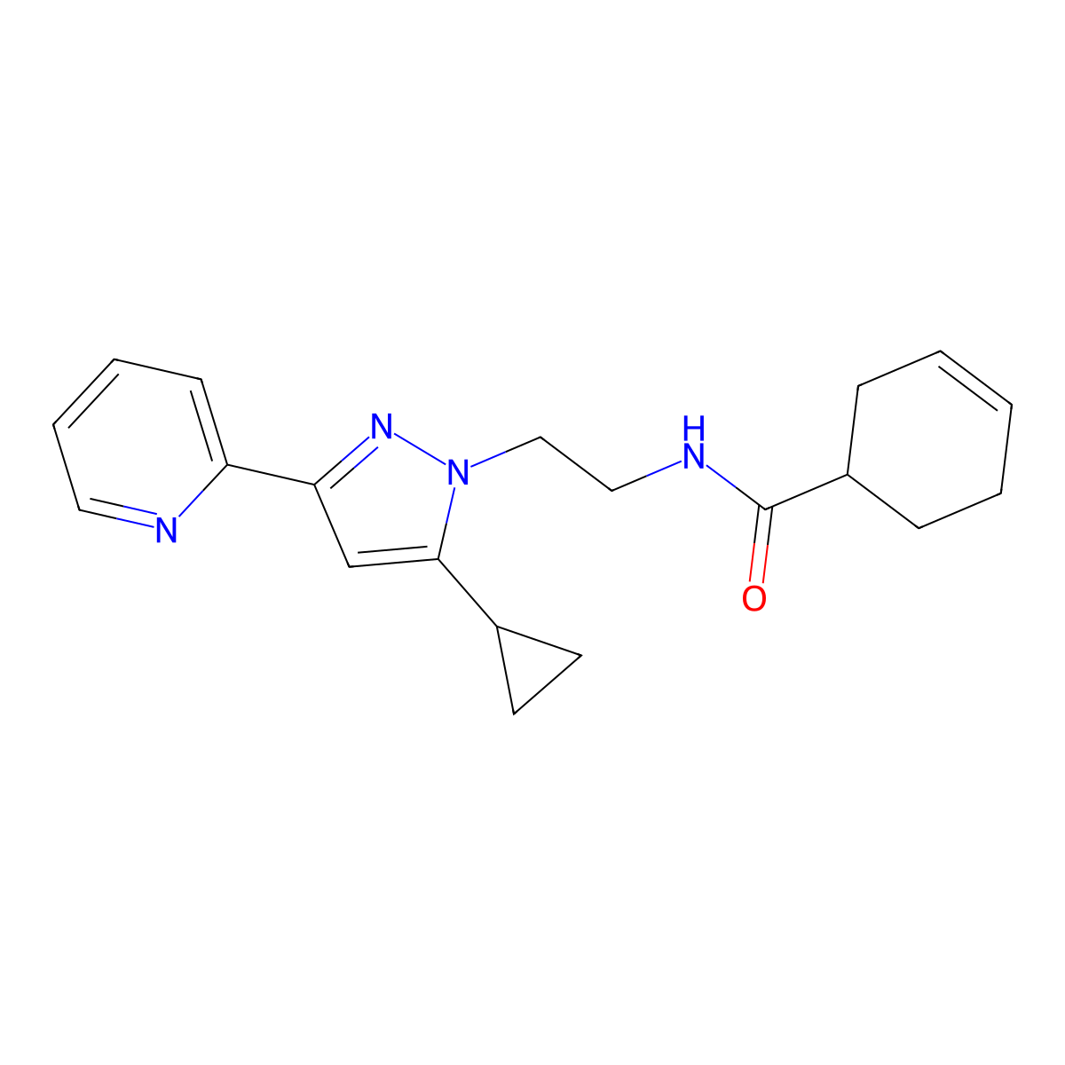 N-(2-(5-cyclopropyl-3-(pyridin-2-yl)-1H-pyrazol-1-yl)ethyl)cyclohex-3-enecarboxamide molecular structure, CAS 1798028-52-0