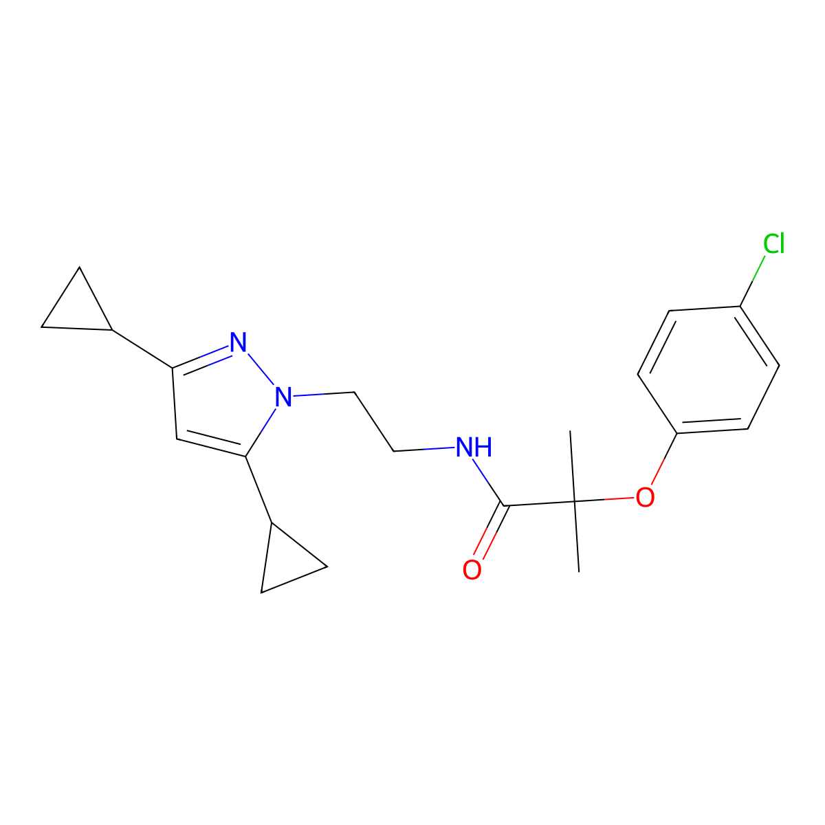 2-(4-chlorophenoxy)-N-(2-(3,5-dicyclopropyl-1H-pyrazol-1-yl)ethyl)-2-methylpropanamide molecular structure, CAS 1798028-54-2