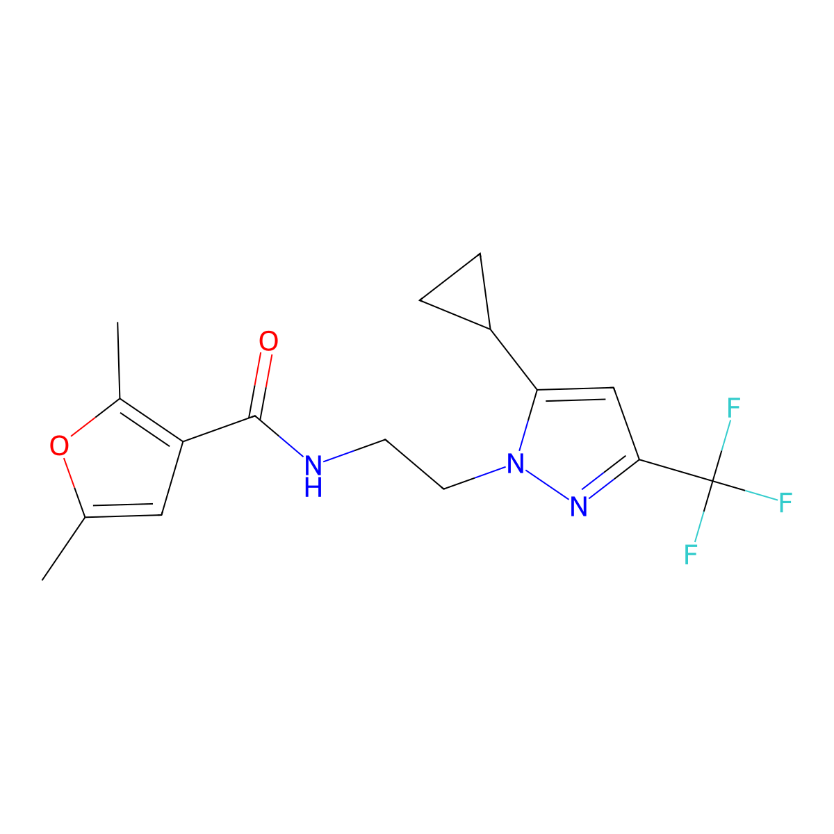 N-{2-[5-cyclopropyl-3-(trifluoromethyl)-1H-pyrazol-1-yl]ethyl}-2,5-dimethylfuran-3-carboxamide molecular structure, CAS 1798028-59-7