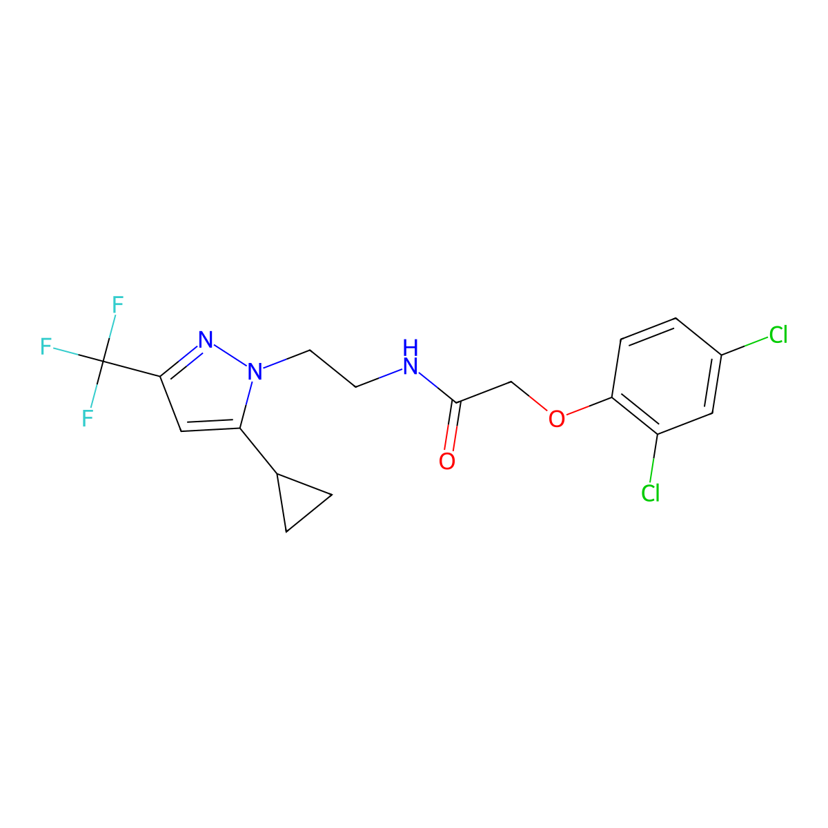 N-(2-(5-cyclopropyl-3-(trifluoromethyl)-1H-pyrazol-1-yl)ethyl)-2-(2,4-dichlorophenoxy)acetamide molecular structure, CAS 1798028-65-5