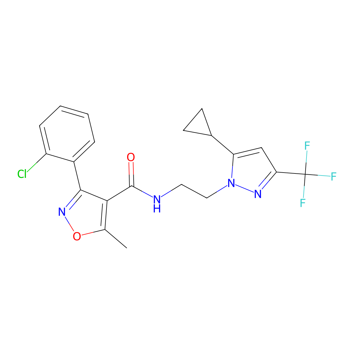 3-(2-chlorophenyl)-N-(2-(5-cyclopropyl-3-(trifluoromethyl)-1H-pyrazol-1-yl)ethyl)-5-methylisoxazole-4-carboxamide molecular structure, CAS 1798028-71-3
