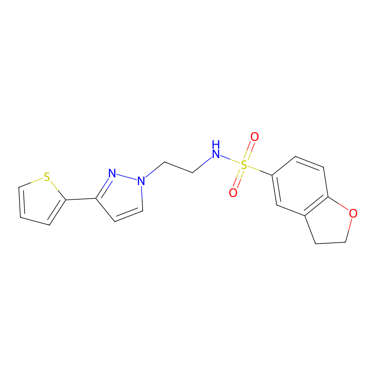 N-(2-(3-(thiophen-2-yl)-1H-pyrazol-1-yl)ethyl)-2,3-dihydrobenzofuran-5-sulfonamide molecular structure, CAS 1798028-86-0