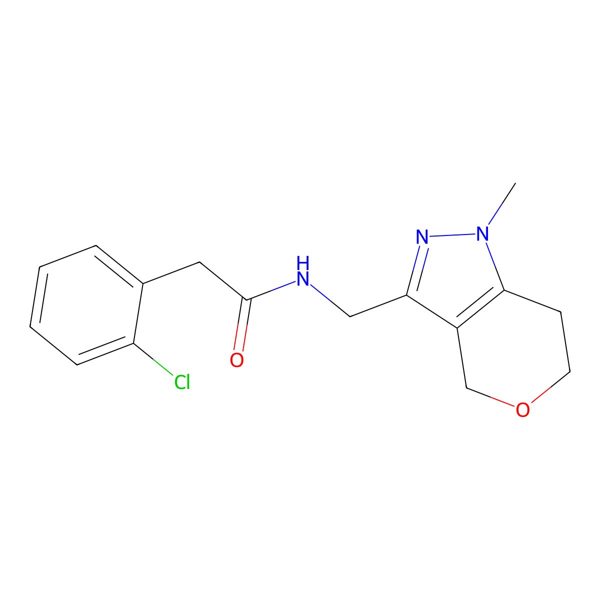 2-(2-chlorophenyl)-N-({1-methyl-1H,4H,6H,7H-pyrano[4,3-c]pyrazol-3-yl}methyl)acetamide molecular structure, CAS 1798029-08-9