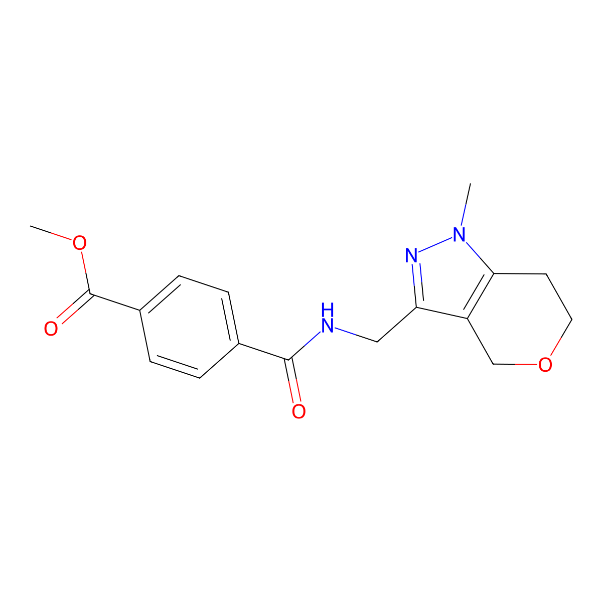 Methyl 4-(((1-methyl-1,4,6,7-tetrahydropyrano[4,3-c]pyrazol-3-yl)methyl)carbamoyl)benzoate molecular structure, CAS 1798029-14-7