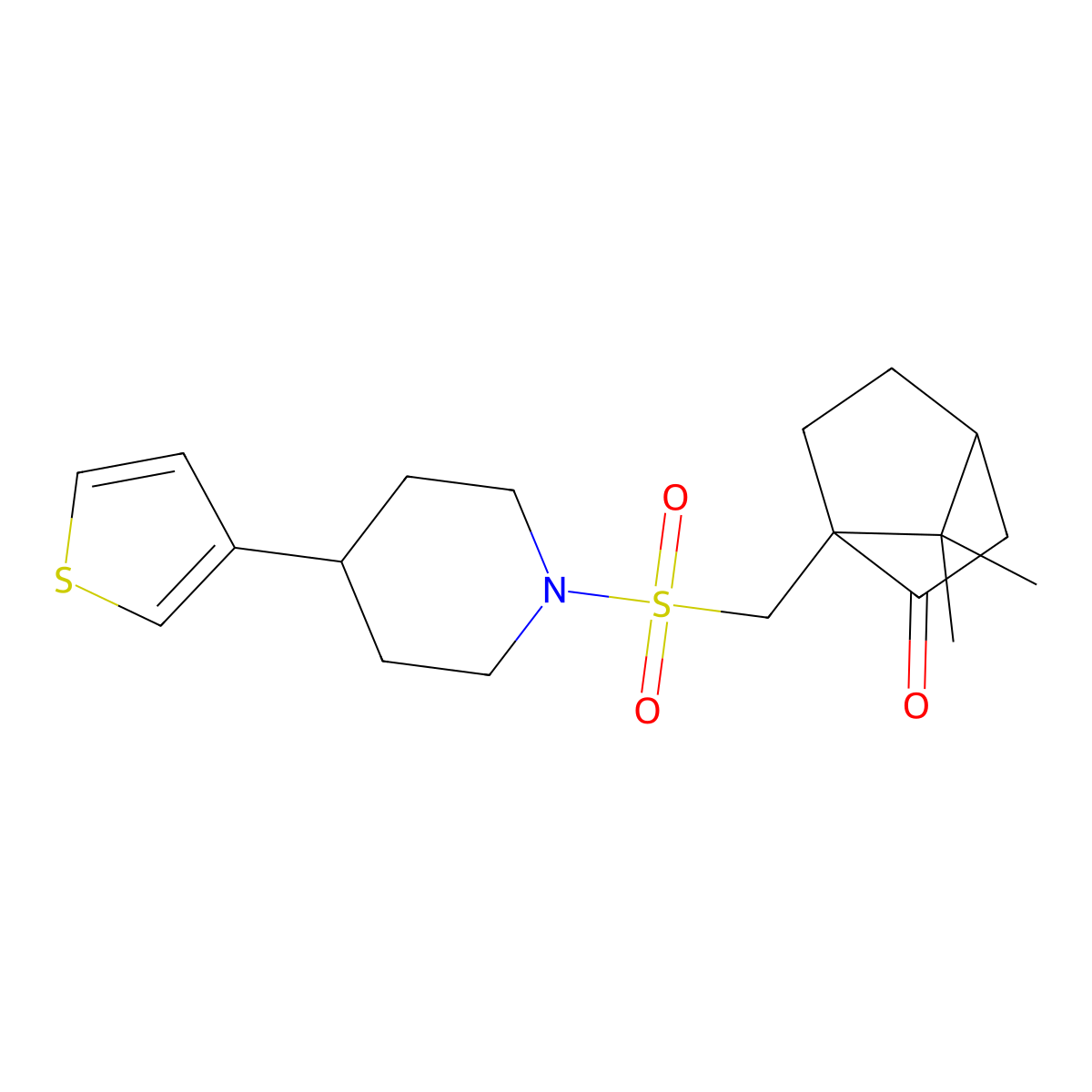 7,7-Dimethyl-1-(((4-(thiophen-3-yl)piperidin-1-yl)sulfonyl)methyl)bicyclo[2.2.1]heptan-2-one molecular structure, CAS 1798029-56-7