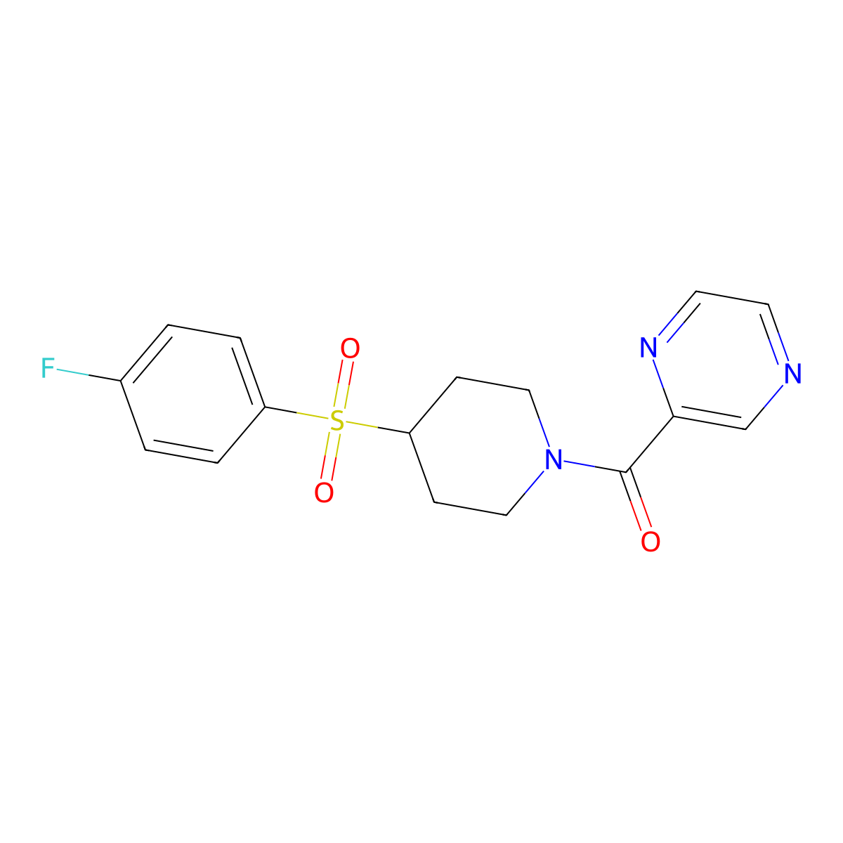 (4-((4-Fluorophenyl)sulfonyl)piperidin-1-yl)(pyrazin-2-yl)methanone molecular structure, CAS 1798029-65-8