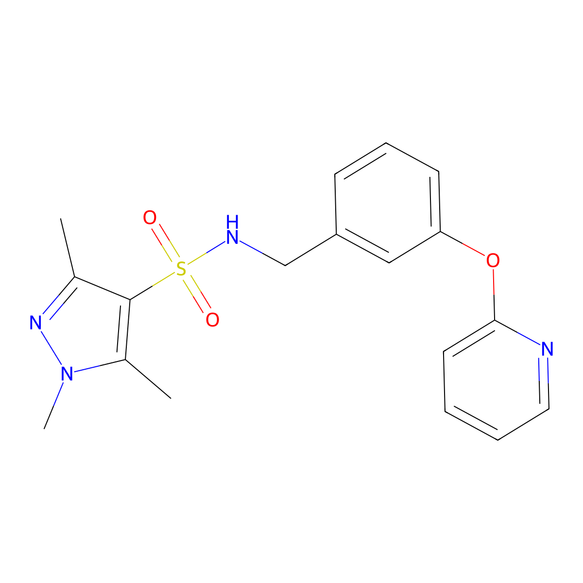 1,3,5-trimethyl-N-(3-(pyridin-2-yloxy)benzyl)-1H-pyrazole-4-sulfonamide molecular structure, CAS 1798029-71-6