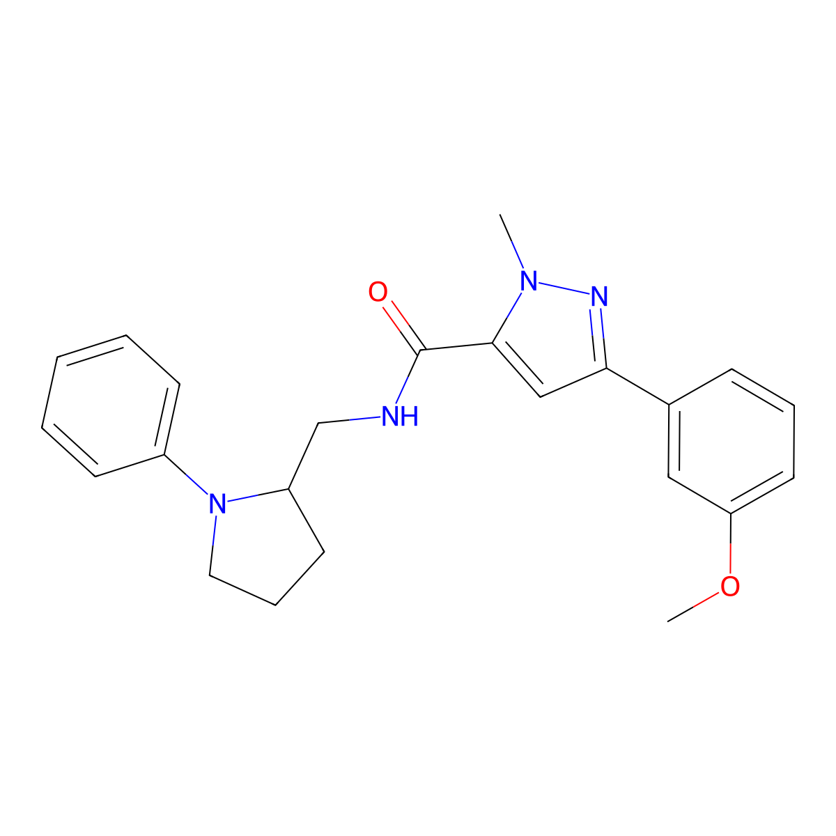 3-(3-methoxyphenyl)-1-methyl-N-((1-phenylpyrrolidin-2-yl)methyl)-1H-pyrazole-5-carboxamide molecular structure, CAS 1798030-13-3