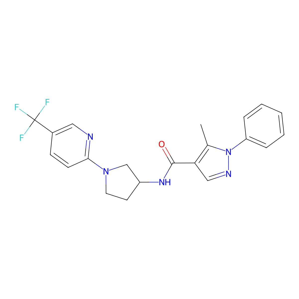 5-methyl-1-phenyl-N-{1-[5-(trifluoromethyl)pyridin-2-yl]pyrrolidin-3-yl}-1H-pyrazole-4-carboxamide molecular structure, CAS 1798030-37-1