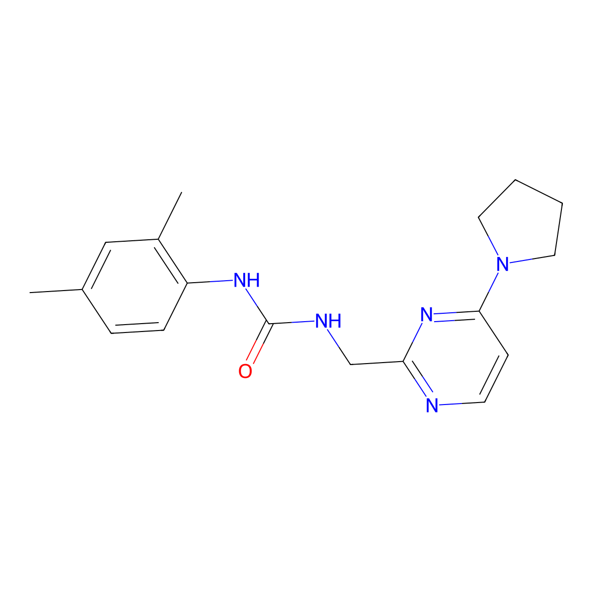 1-(2,4-Dimethylphenyl)-3-{[4-(pyrrolidin-1-yl)pyrimidin-2-yl]methyl}urea molecular structure, CAS 1798030-66-6
