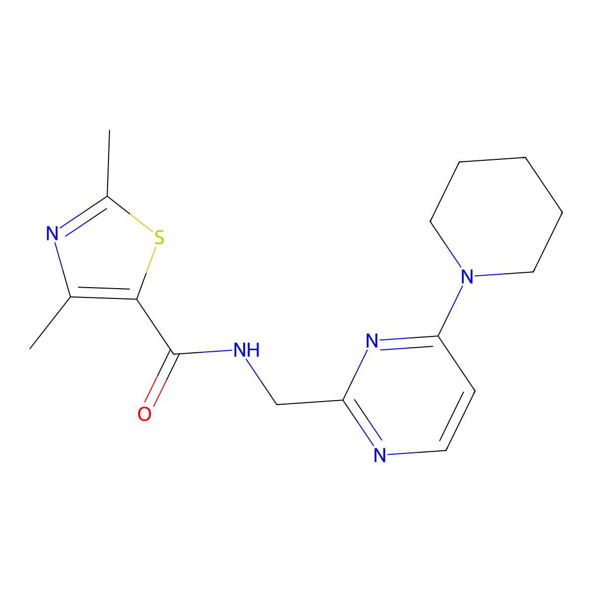 2,4-dimethyl-N-((4-(piperidin-1-yl)pyrimidin-2-yl)methyl)thiazole-5-carboxamide molecular structure, CAS 1798031-29-4